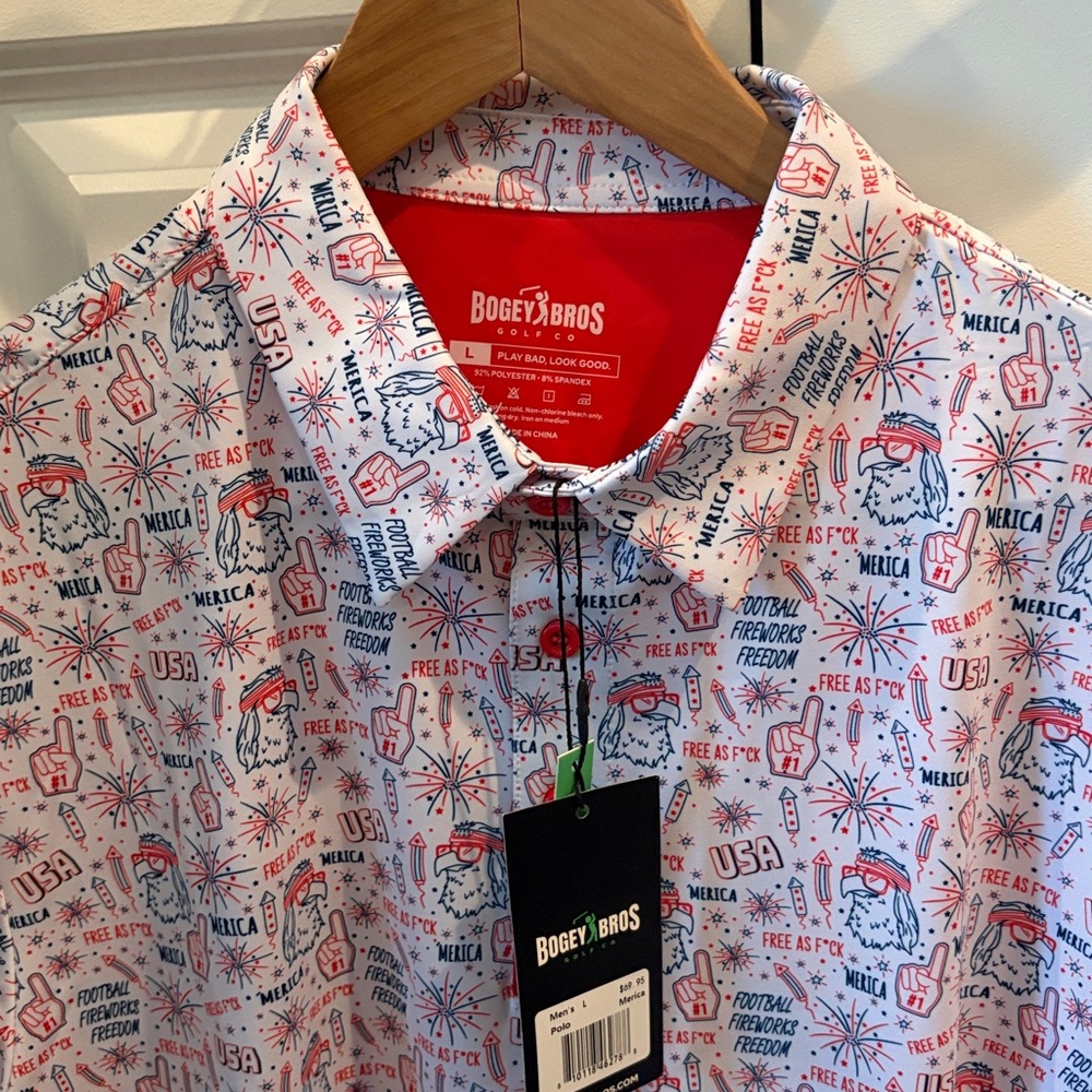 NWT Bogey Bros White Polo with Red & Blue 'Merica Print